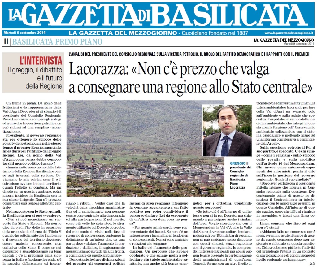 090914_intervista Gazzetta_Lacorazza_Non c'è prezzo che valga a consegnare una Regione allo Stato centrale