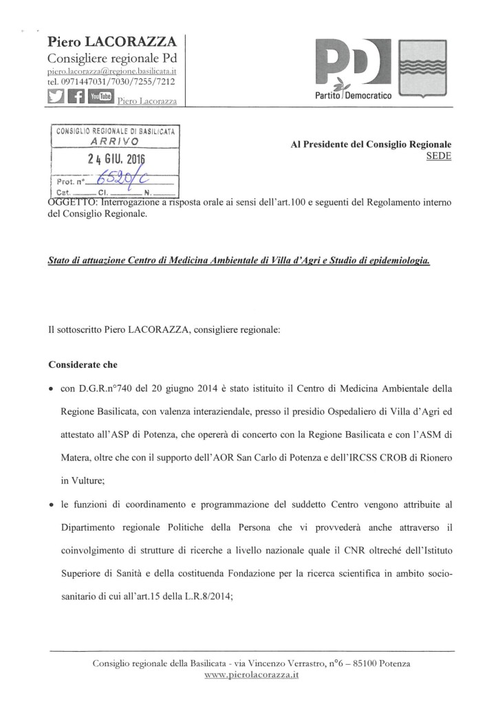 Interrogazione su Stato di attuazione medicina ambientale e indagine epidemiologica_1