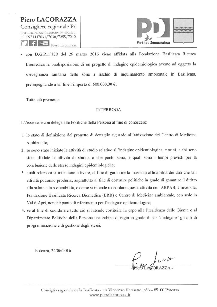 Interrogazione su Stato di attuazione medicina ambientale e indagine epidemiologica_3