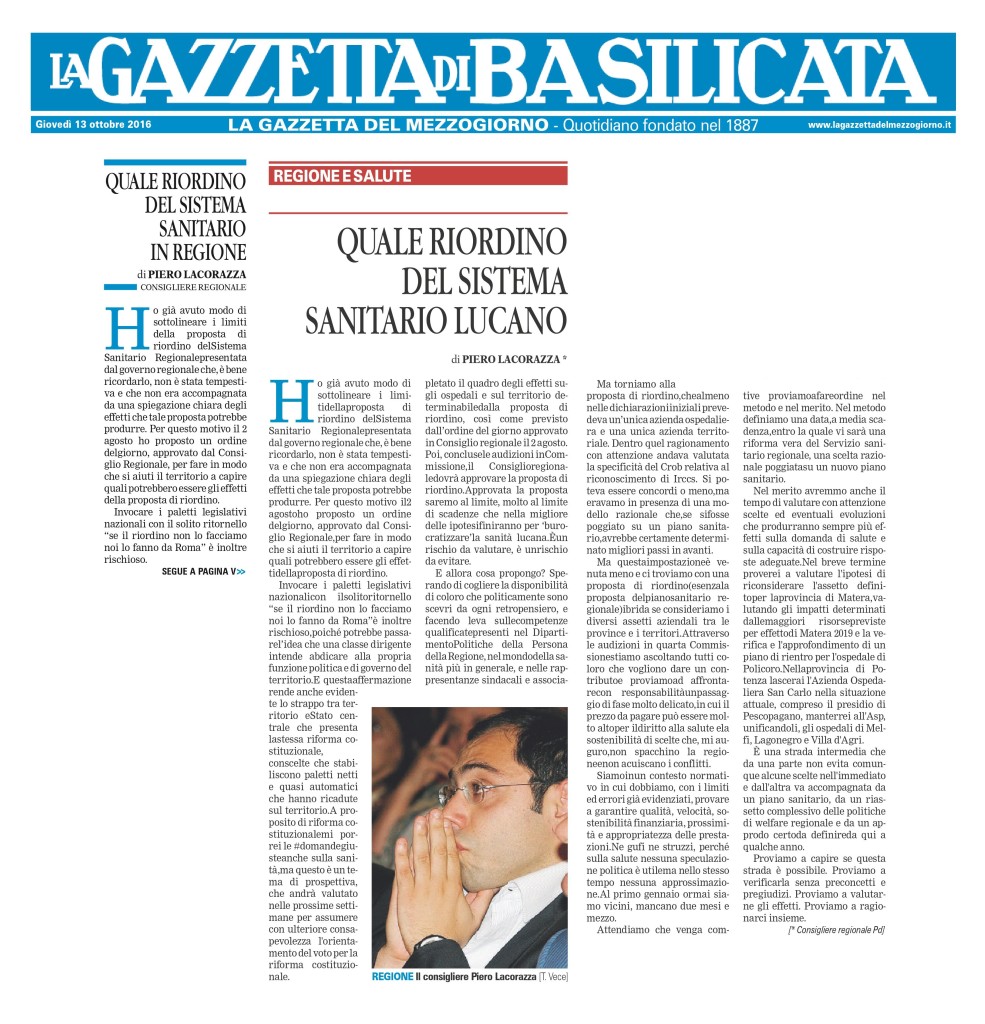 13102016_Lacorazza su sanità_articolo gazzetta