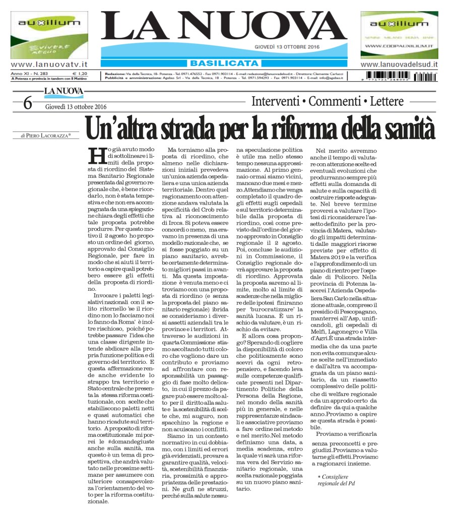13102016_Lacorazza su sanità_articolo nuova basilicata