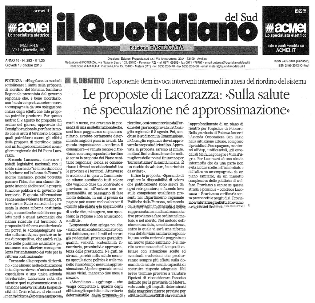 13102016_Lacorazza su sanità_articolo quotidiano